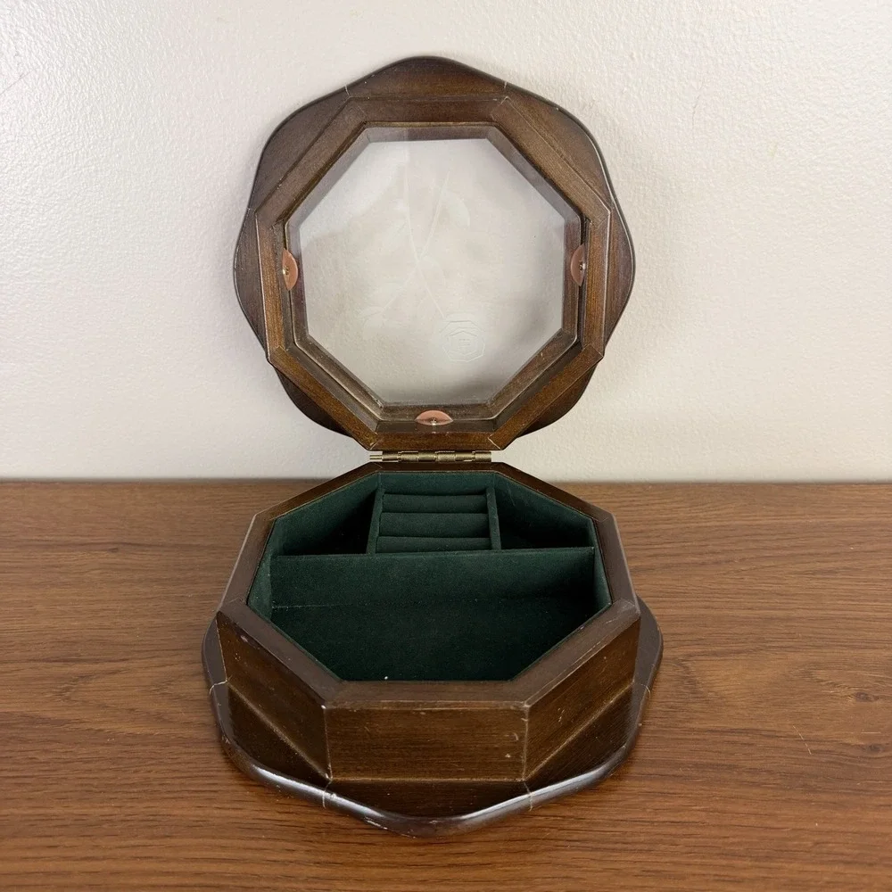 Vintage Wooden Jewelry Box Etched Glass Rose Octagon Vanity Cottage